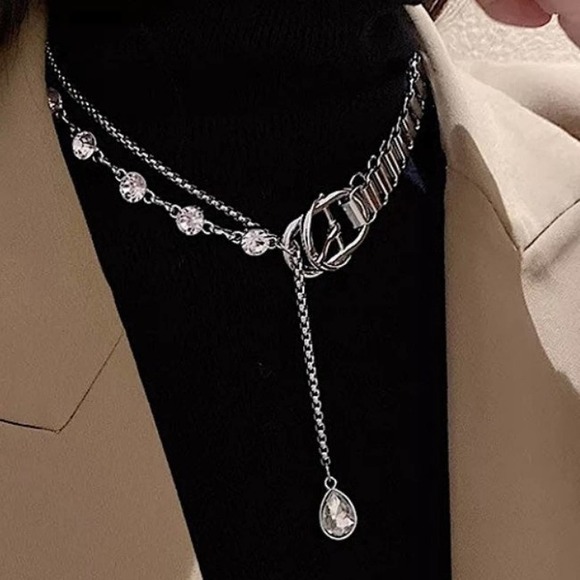 WHITE GOLD PLATED BUCKLE PUNK CHAIN RHINESTONE DROP CHOKER NECKLACE - Picture 5 of 9